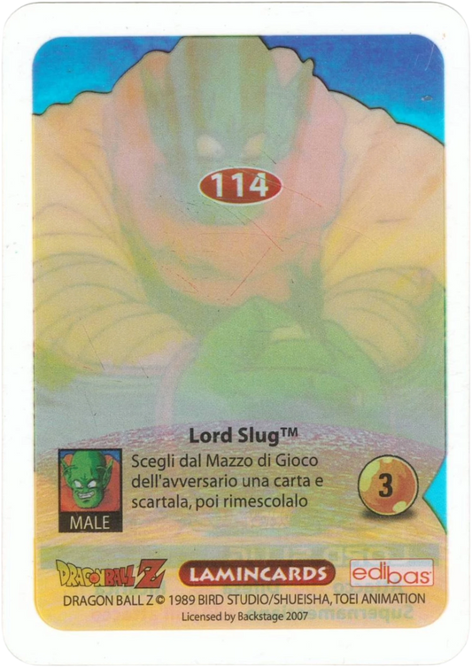 DBZ-PLT-114-LORD-SLUG-0000 img2 Retro della carta DBZ Platino n. 114 Lord Slug - Supernamecciano - parte della serie DBZ Lamincard, con dettagli visivi e grafici del prodotto.