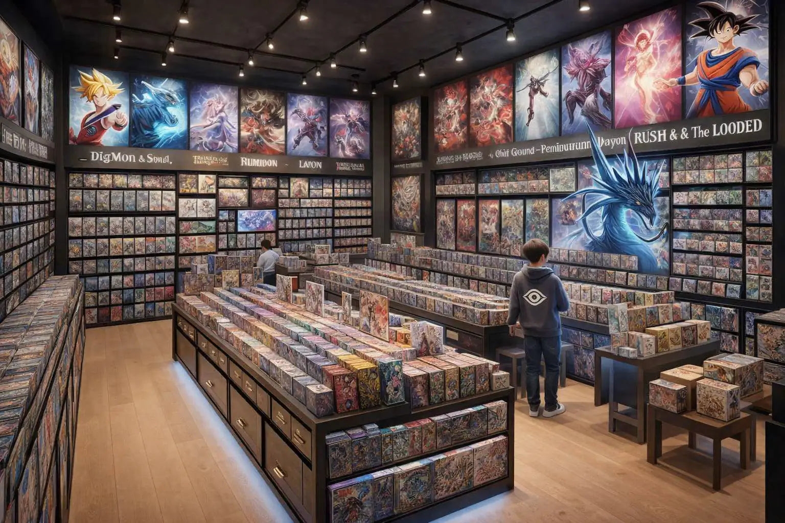 Esposizione di carte collezionabili anime e fantasy con poster di Dragon Ball Z e carte da gioco di Dragon Ball, One Piece, Yu-Gi-Oh!, Naruto, Pokémon, Magic: The Gathering e altri titoli, disposte ordinatamente in bustine protettive.
