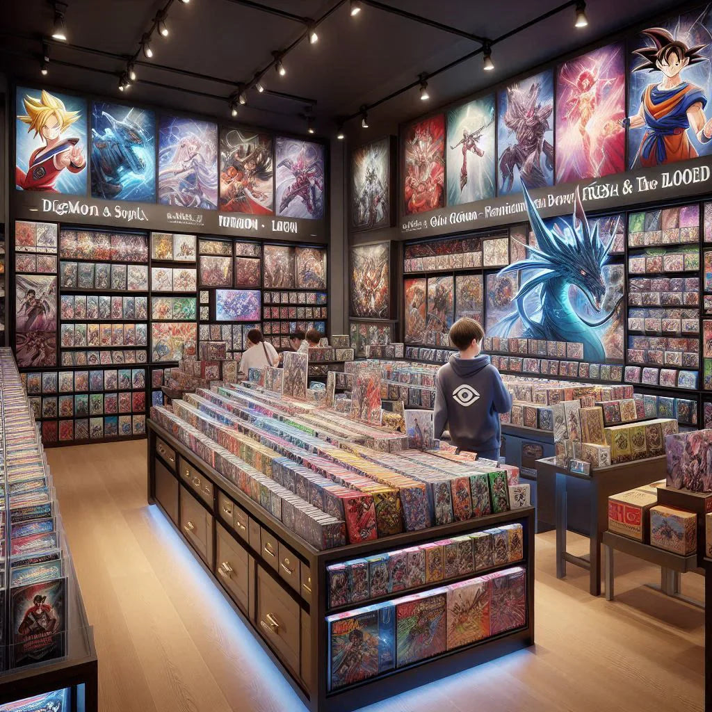 Esposizione di carte collezionabili anime e fantasy con poster di Dragon Ball Z e carte da gioco di Dragon Ball, One Piece, Yu-Gi-Oh!, Naruto, Pokémon, Magic: The Gathering e altri titoli, disposte ordinatamente in bustine protettive.