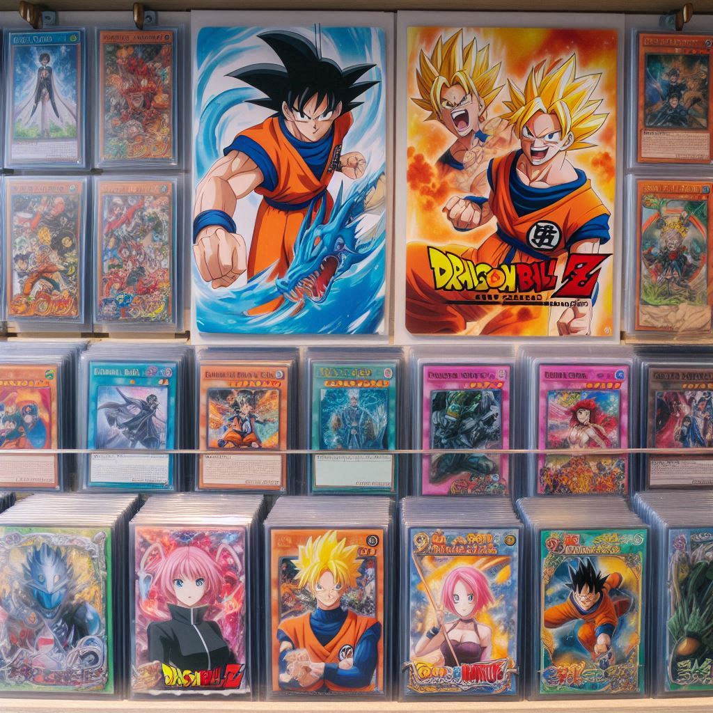 Esposizione di carte collezionabili anime e fantasy con poster di Dragon Ball Z e carte da gioco di Dragon Ball, One Piece, Yu-Gi-Oh!, Naruto, Pokémon, Magic: The Gathering e altri titoli, disposte ordinatamente in bustine protettive.