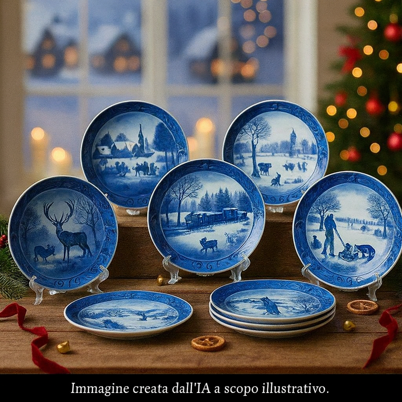 Collezione di Piatti di Natale Royal Copenhagen (RC-CP) / Christmas Plates esposti con decorazioni. Piatti da collezione in porcellana Blu e Bianco - mazzotta store