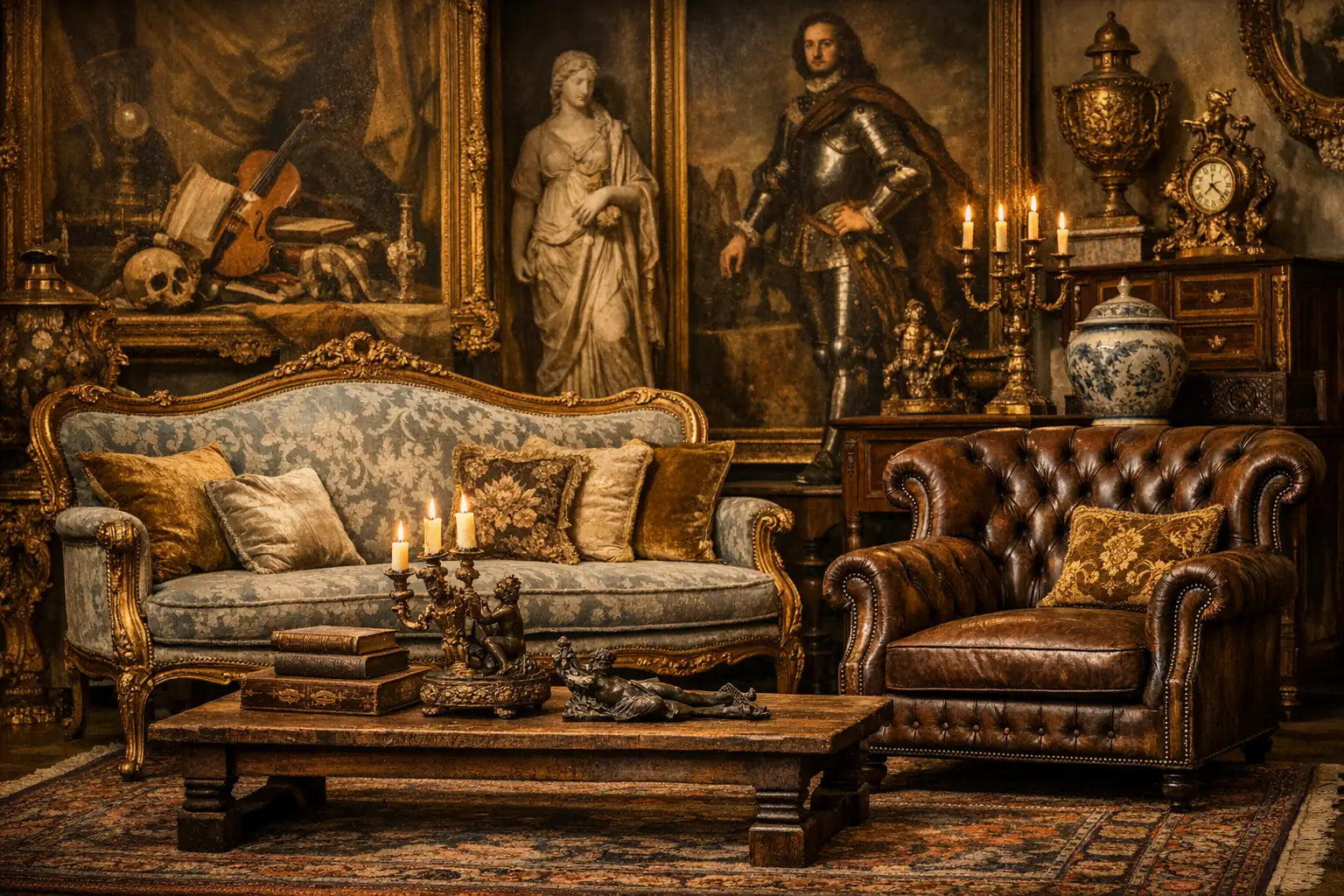 Poltrona o divano antico in legno e tessuti d’epoca, fotografato in ambientazione storica, parte della collezione Poltrone e Divani Antichi di mazzotta.store