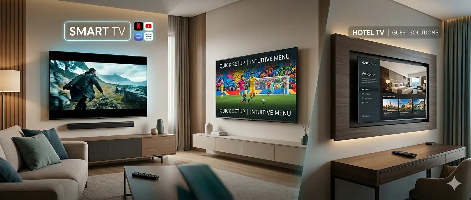 Collezione di TV, Smart TV per la casa e Hotel TV professionali con funzioni Guest Solutions in ambienti di design per la tua struttura ricettiva.