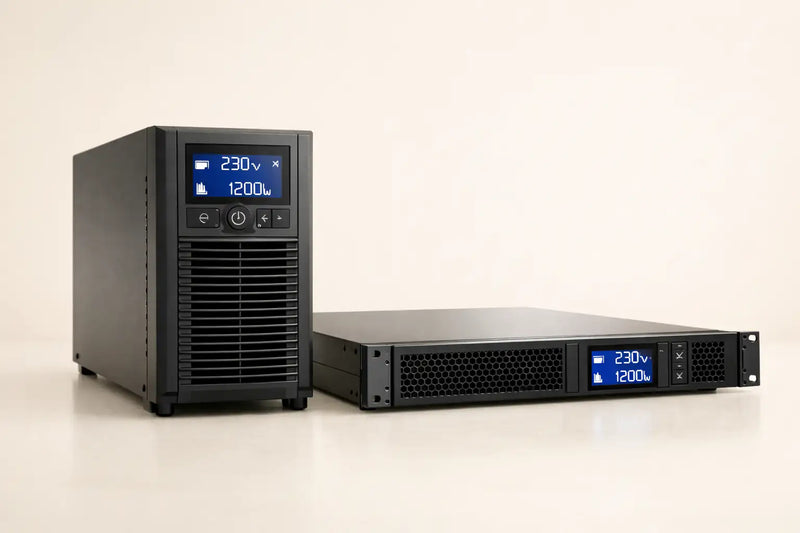Gruppi di continuità UPS tower e rack mount su sfondo neutro