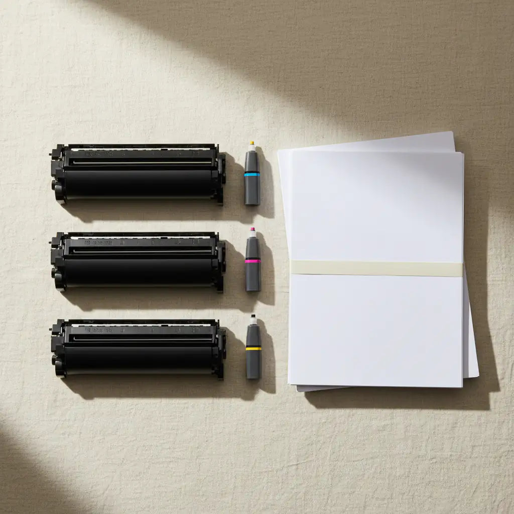 Flat lay minimalista di toner, cartucce e fogli A4 su superficie chiara, luce naturale diffusa, stile lifestyle premium.