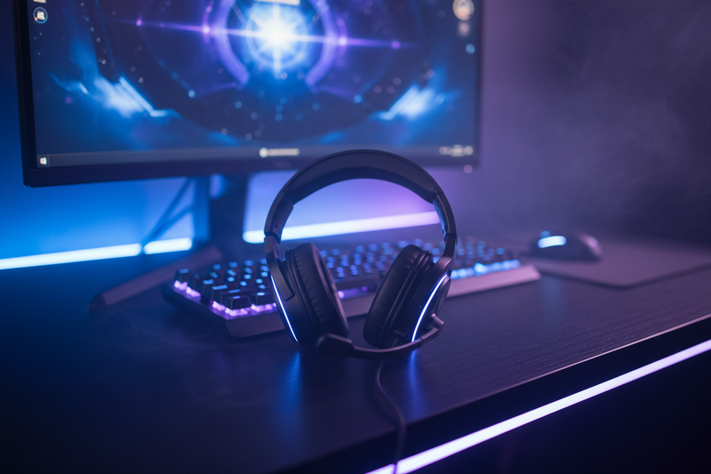 Cuffie gaming su scrivania con illuminazione RGB blu e viola