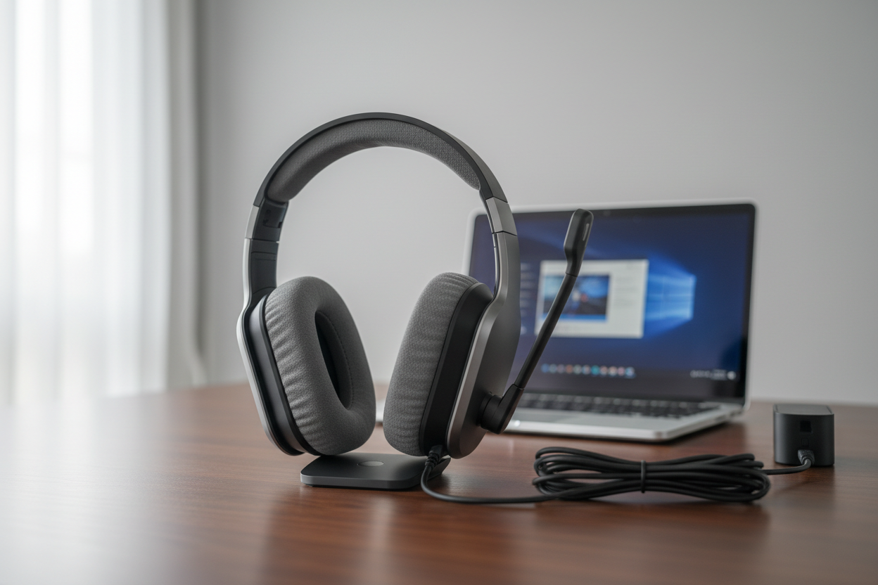 Cuffia PC su scrivania con laptop sullo sfondo, stile smart working professionale