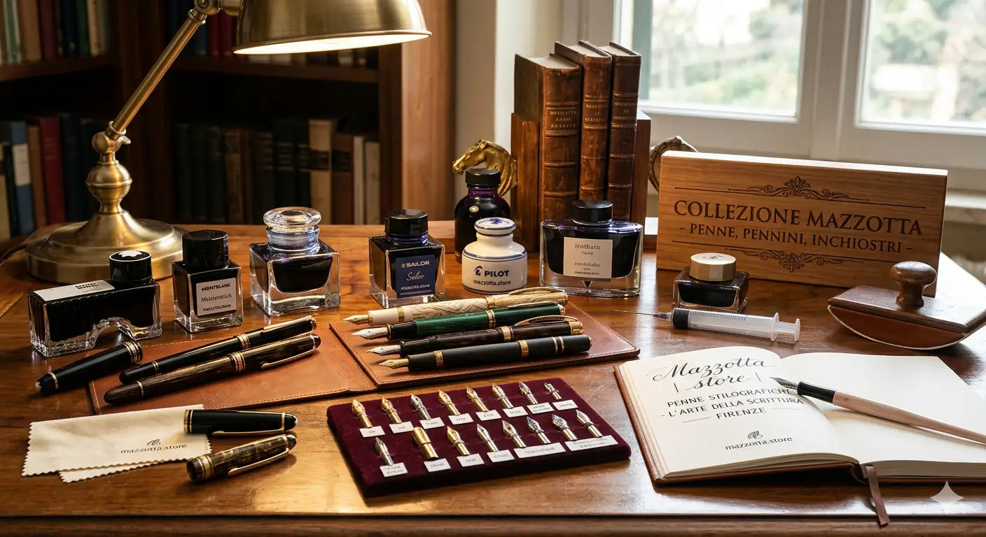 Esclusiva collezione mazzotta.store di penne stilografiche di lusso, pennini rari e inchiostri pregiati. Scrivania antica con marchi famosi, calamai e calligrafia elegante, che celebra l'arte della scrittura a mano con artigianalità e storia.