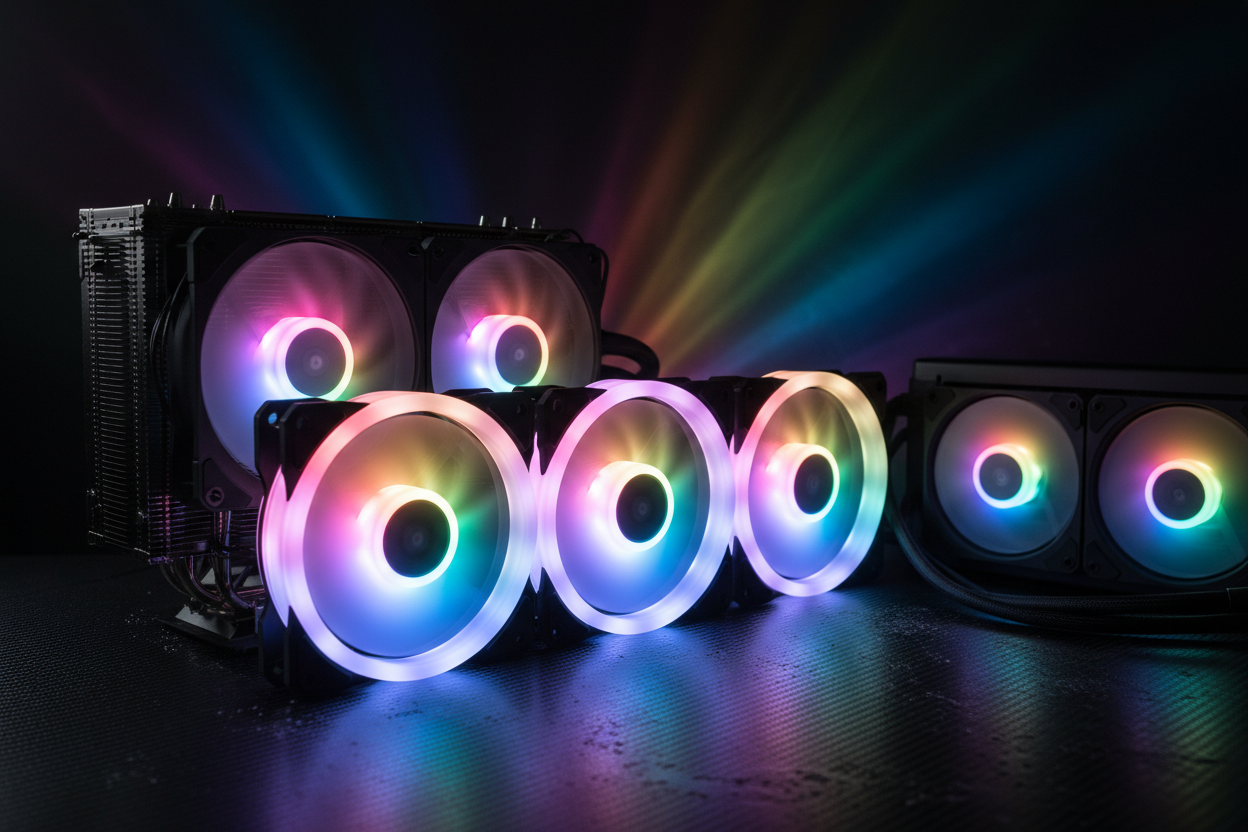 Ventole ARGB con illuminazione RGB, dissipatore ad aria e radiatore a liquido su sfondo scuro