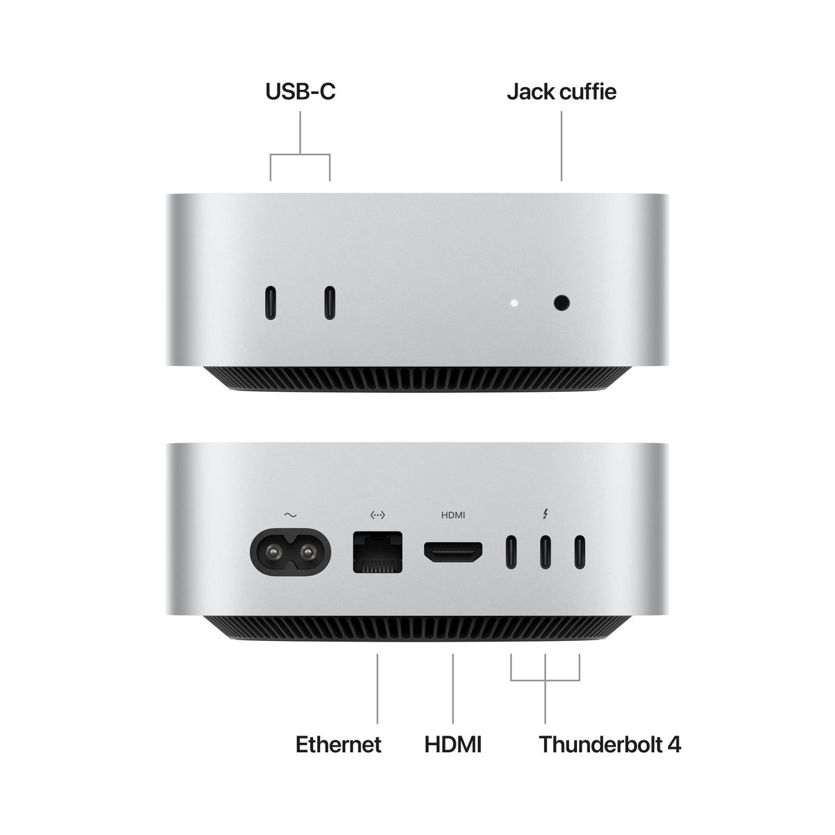 Apple Mac Mini M4 Silver 10-core CPU 10-core GPU 16GB RAM 512GB SSD - Piccolo Campione Mazzotta Store, Mini PC Apple M4 Argento con 16-core Neural Engine - Eccellenza Mazzotta, Vista compatta Apple Mac Mini M4 Silver - Garanzia di Potenza Mazzotta