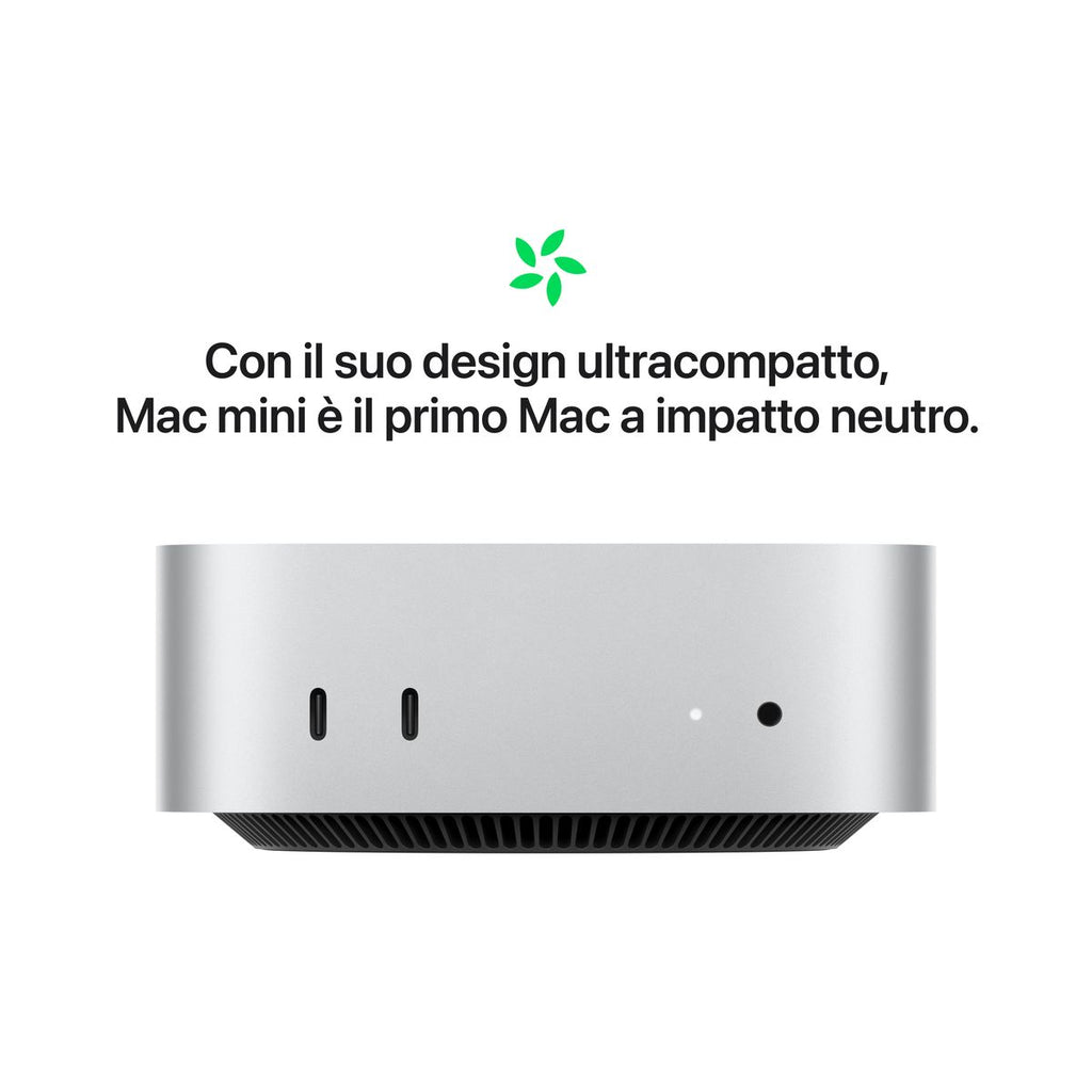 Apple Mac Mini M4 Silver 10-core CPU 10-core GPU 16GB RAM 256GB SSD - Piccolo Campione Mazzotta Store, Mini PC Apple M4 Argento con 16-core Neural Engine - Eccellenza Mazzotta, Vista compatta Apple Mac Mini M4 Silver - Garanzia di Potenza Mazzotta