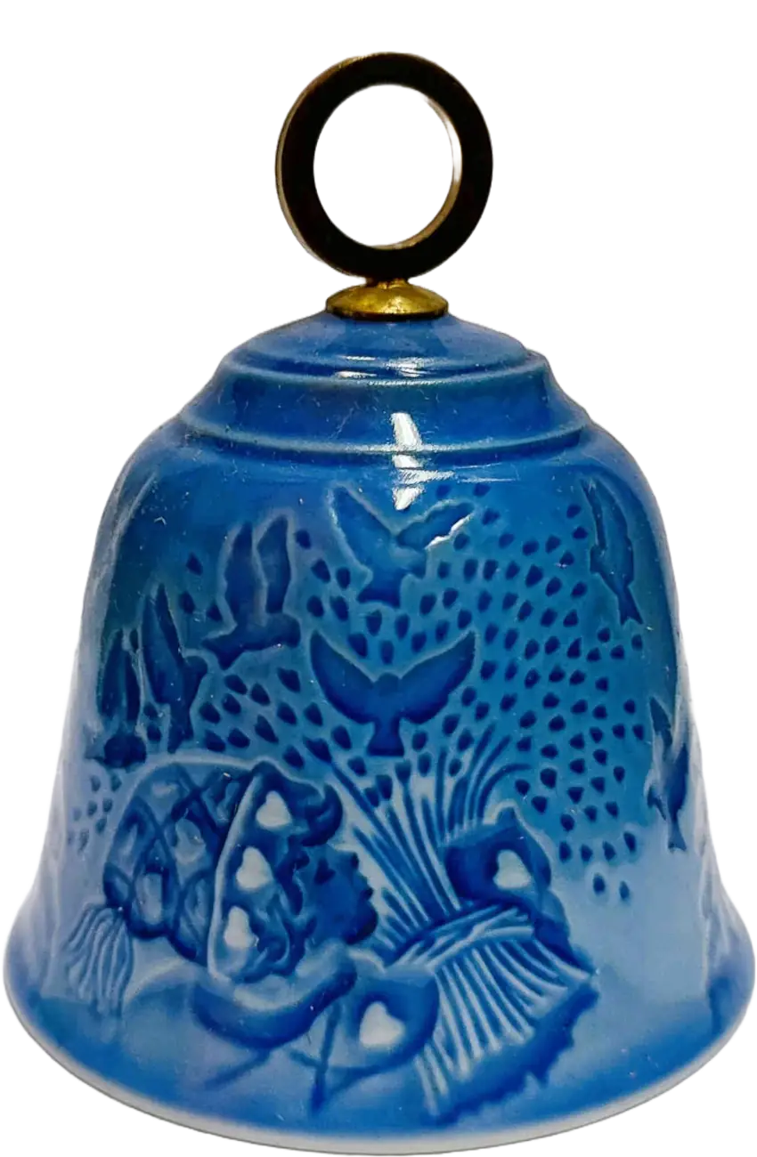 Campanella di Natale Bing & Grøndahl diametro 7 CM · Altezza 9 cm Bianco; Blu; Oro · Henry Thelander · Pace di Natale · B&G-C-BELL-1981