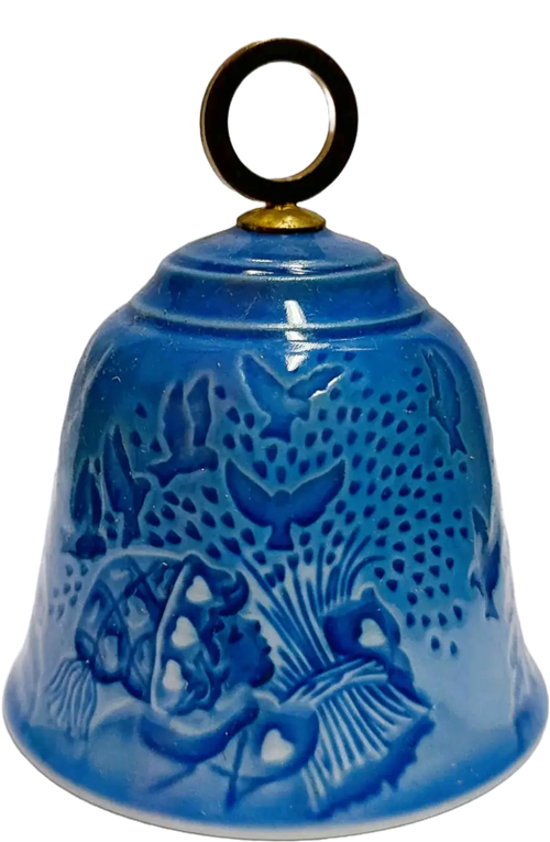 Campanella d Natale Bing & Grøndahl diametro 7 CM · Altezza 9 cm Bianco Blu Oro · Henry Thelander · Pace di Natale · B&G-C-BELL-1981