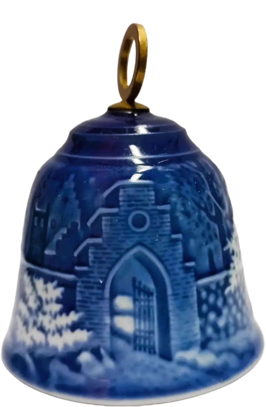 Campanella di Natale Bing & Grøndahl diametro 7 CM · Altezza 9 cm Bianco; Blu; Oro · Edvard Jensen · Bianco Natal, Notte d'Amor · B&G-C-BELL-1986