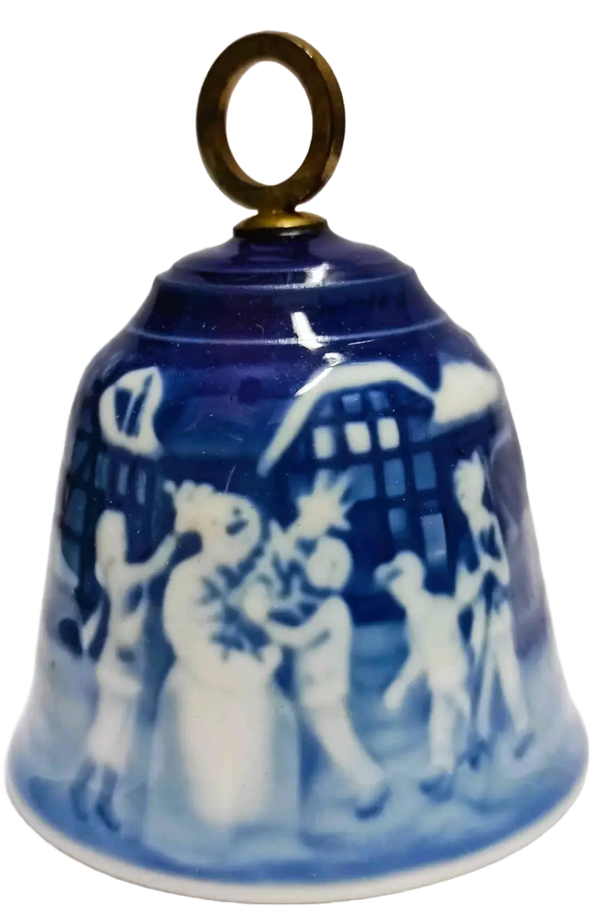 Campanella di Natale Bing & Grøndahl diametro 7 CM · Altezza 9 cm Bianco; Blu; Oro · Edvard Jensen · L'uomo di Neve, Amico dei Bambini · B&G-C-BELL-1987