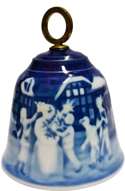 Campanella d Natale Bing & Grøndahl diametro 7 CM · Altezza 9 cm Bianco Blu Oro · Edvard Jensen · L'uomo di Neve, Amico dei Bambini · B&G-C-BELL-1987