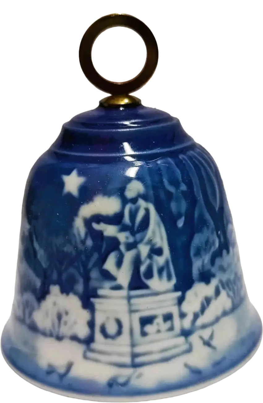 Campanella di Natale Bing & Grøndahl diametro 7 CM · Altezza 9 cm Bianco; Blu; Oro · Edvard Jensen · Nel Giardino del Re · B&G-C-BELL-1988