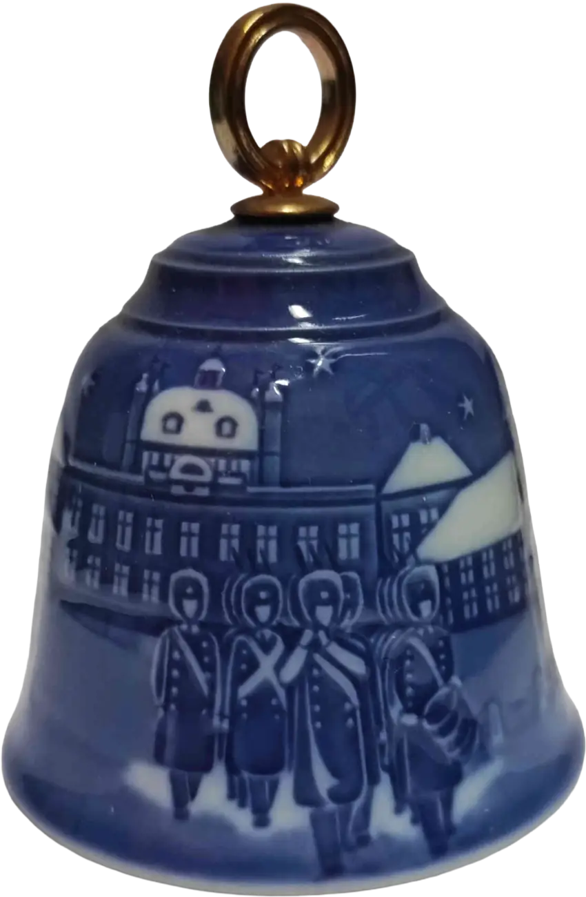 Campanella di Natale Bing & Grøndahl diametro 7 CM · Altezza 9 cm Bianco; Blu; Oro · Edvard Jensen · Cambio della Guardia a Fredensborg · B&G-C-BELL-1990