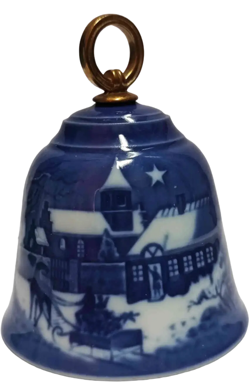 Campanella d Natale Bing & Grøndahl diametro 7 CM · Altezza 9 cm Bianco Blu Oro · Jørgen Nielsen · Il Natale del Pastore · B&G-C-BELL-1992