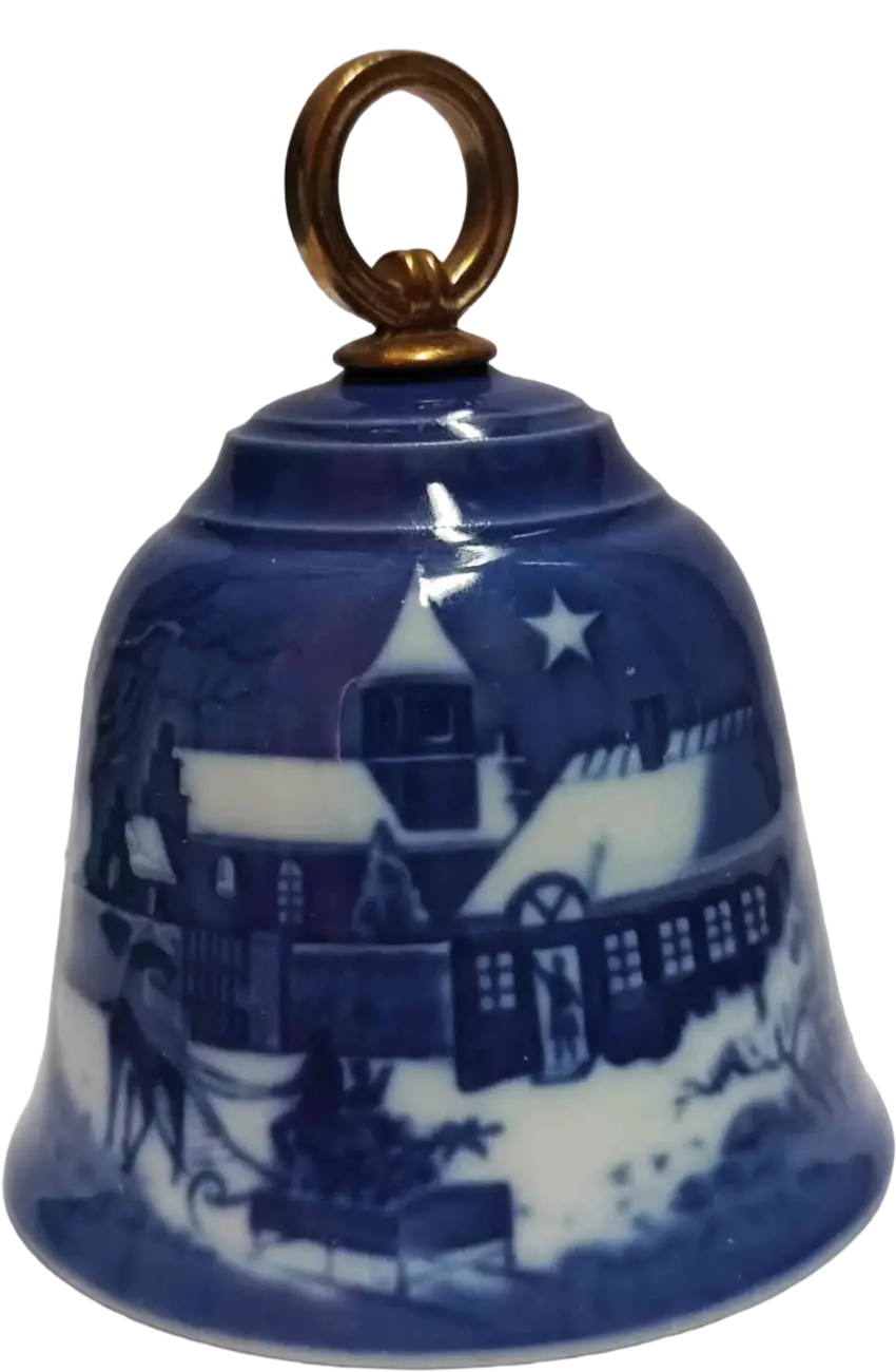 Campanella d Natale Bing & Grøndahl diametro 7 CM · Altezza 9 cm Bianco Blu Oro · Jørgen Nielsen · Il Natale del Pastore · B&G-C-BELL-1992