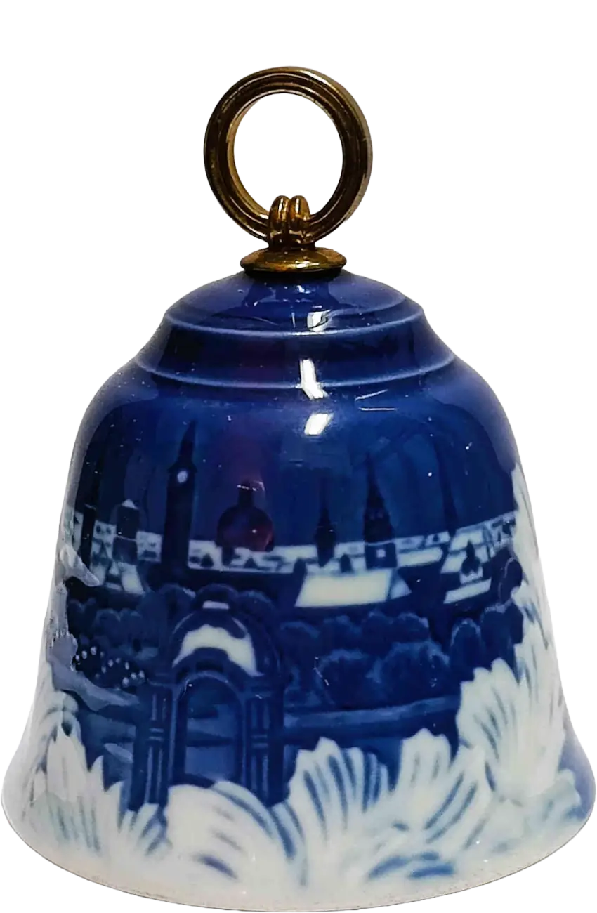 Campanella d Natale Bing & Grøndahl diametro 7 CM · Altezza 9 cm Bianco Blu Oro · Jørgen Nielsen · Le Torri di Copenhagen · B&G-C-BELL-1995