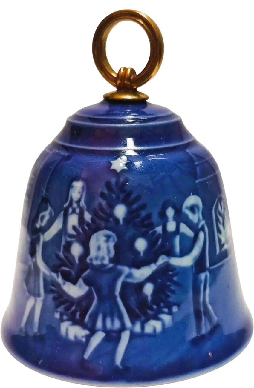 Campanella di Natale Bing & Grøndahl diametro 7 CM · Altezza 9 cm Bianco; Blu; Oro · Jørgen Nielsen · Ballando la Vigilia di Natale · B&G-C-BELL-1999