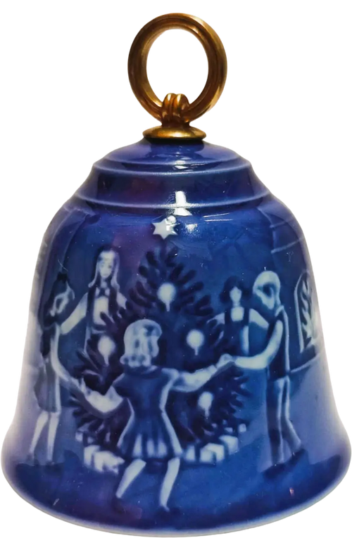 Campanella d Natale Bing & Grøndahl diametro 7 CM · Altezza 9 cm Bianco Blu Oro · Jørgen Nielsen · Ballando la Vigilia di Natale · B&G-C-BELL-1999