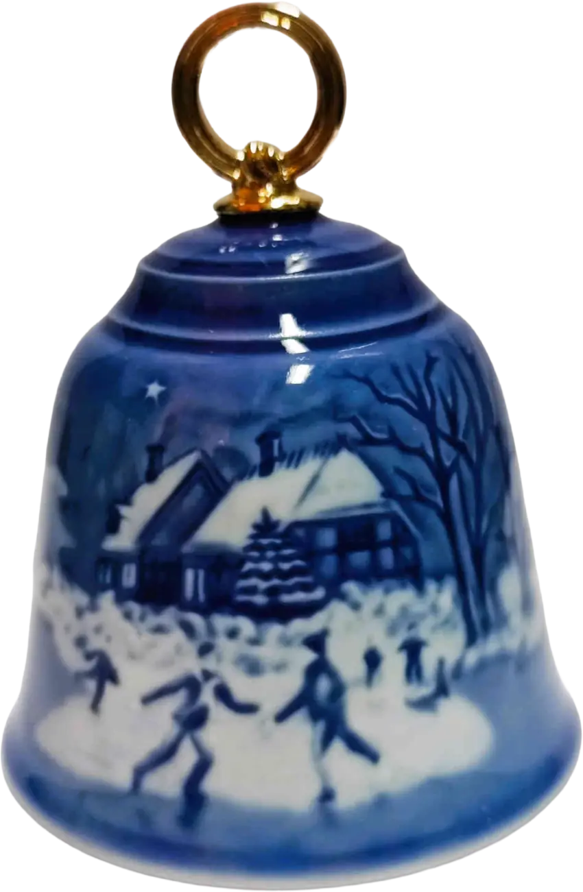 Campanella d Natale Bing & Grøndahl diametro 7 CM · Altezza 9 cm Bianco; Blu; Oro · Jørgen Nielsen · Pattinaggio sul Lago Ghiacciato · B&G-C-BELL-2010