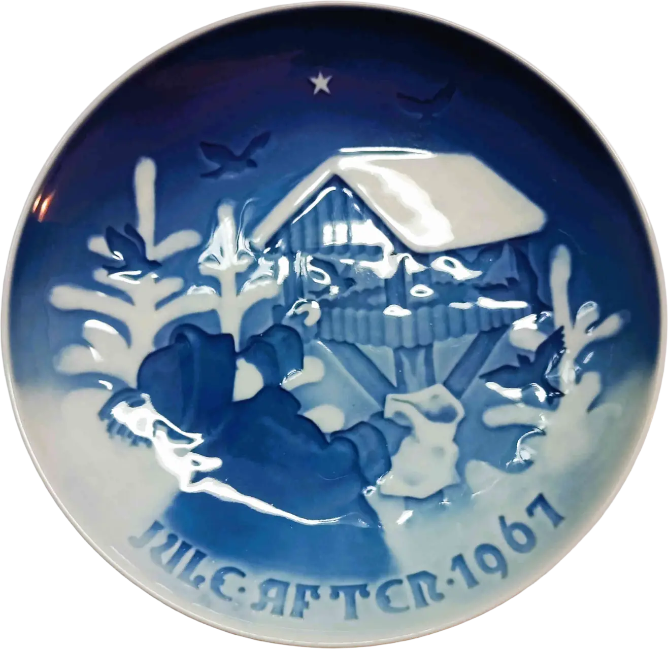 Piatto di Natale Bing & Grøndahl diametro 18 cm · Blu e Bianco · Henry Thelander · Dividendo l'Allegria del Natale · B&G-CP-1967