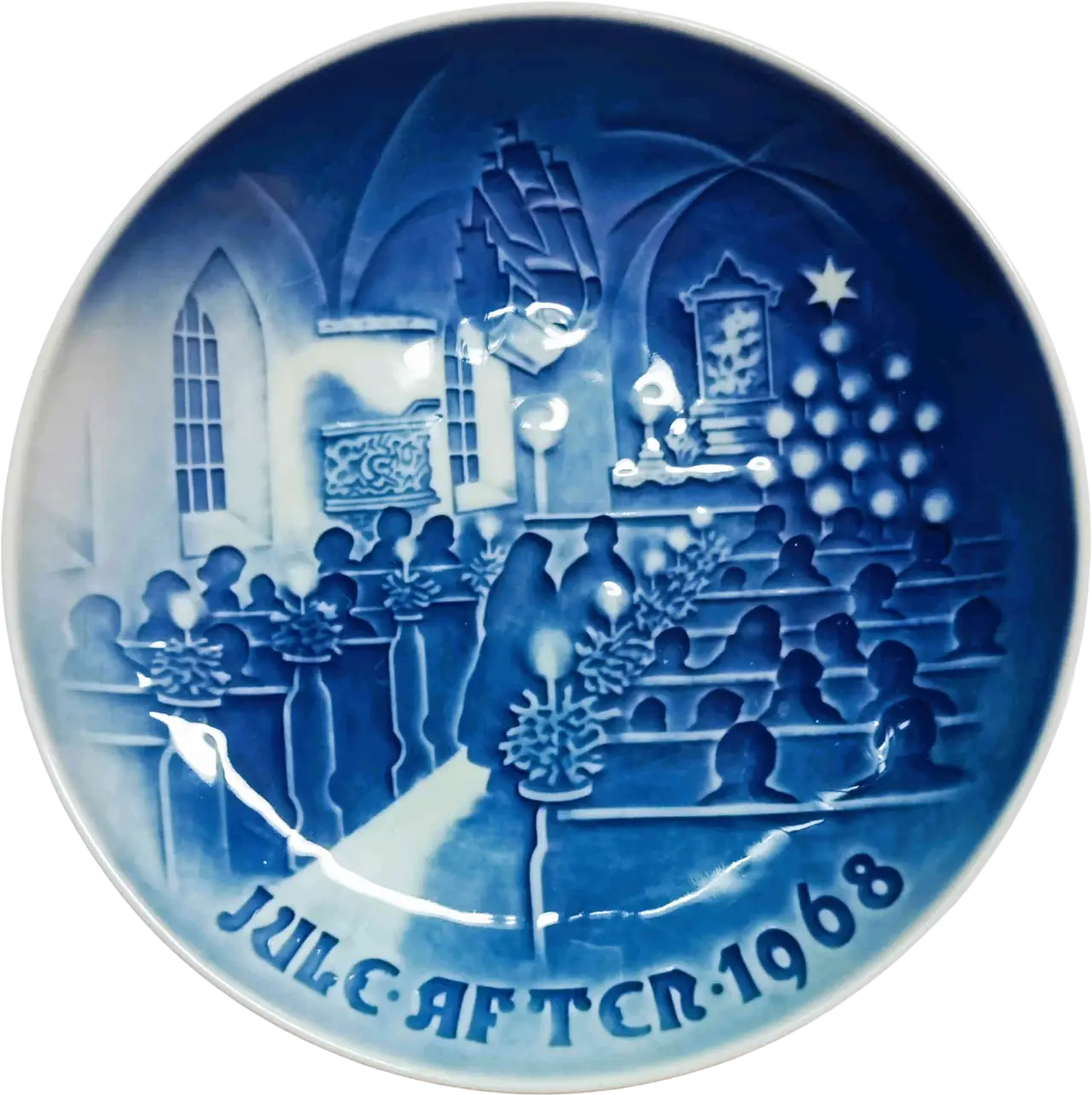 Piatto di Natale Bing & Grøndahl diametro 18 cm · Bianco; Blu · Henry Thelander · Natale in Chiesa · B&G-CP-1968