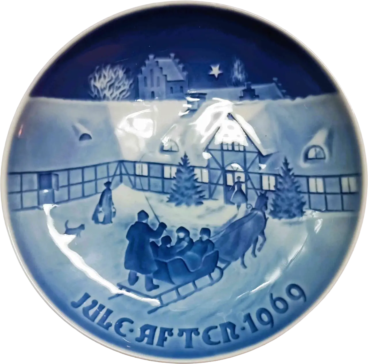 Piatto di Natale Bing & Grøndahl diametro 18 cm · Bianco; Blu · Henry Thelander · L'arrivo degli ospiti di Natale · B&G-CP-1969