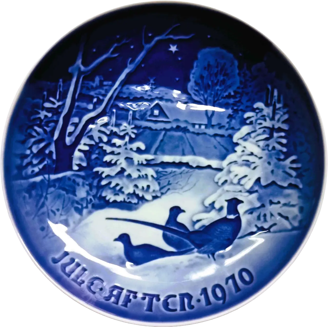Piatto di Natale Bing & Grøndahl diametro 18 cm · Bianco; Blu · Henry Thelander · Fagiani sulla Neve a Natale · B&G-CP-1970