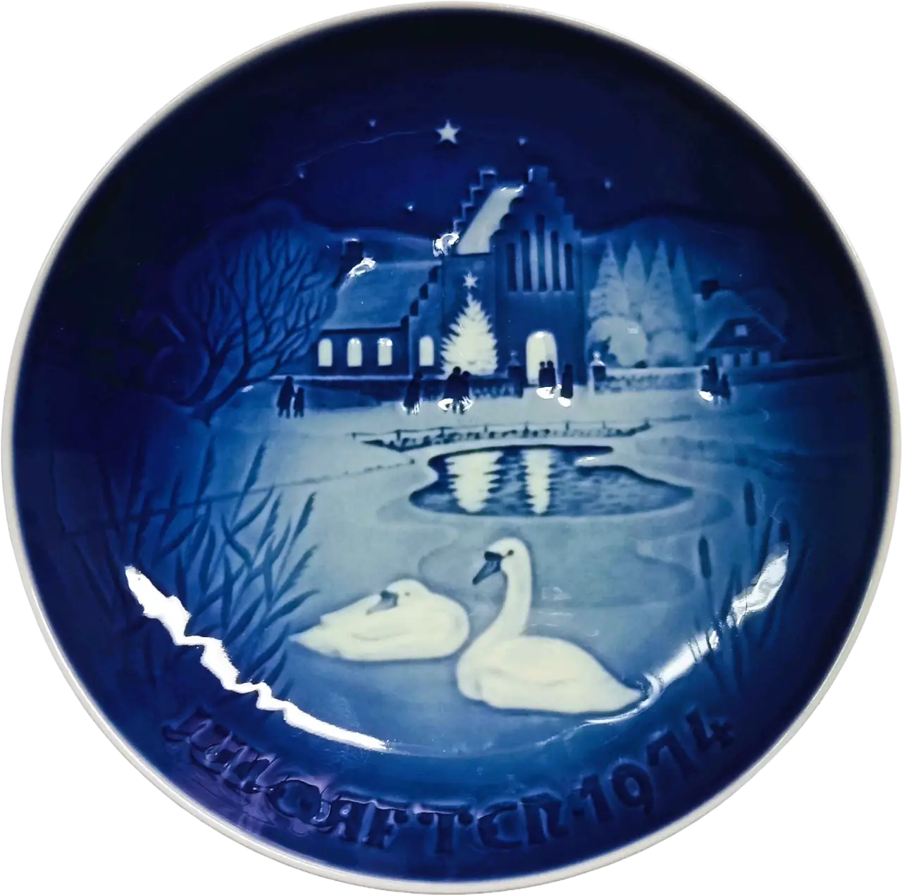 Piatto di Natale Bing & Grøndahl diametro 18 cm · Bianco; Blu · Henry Thelander · Natale nel Villaggio · B&G-CP-1974