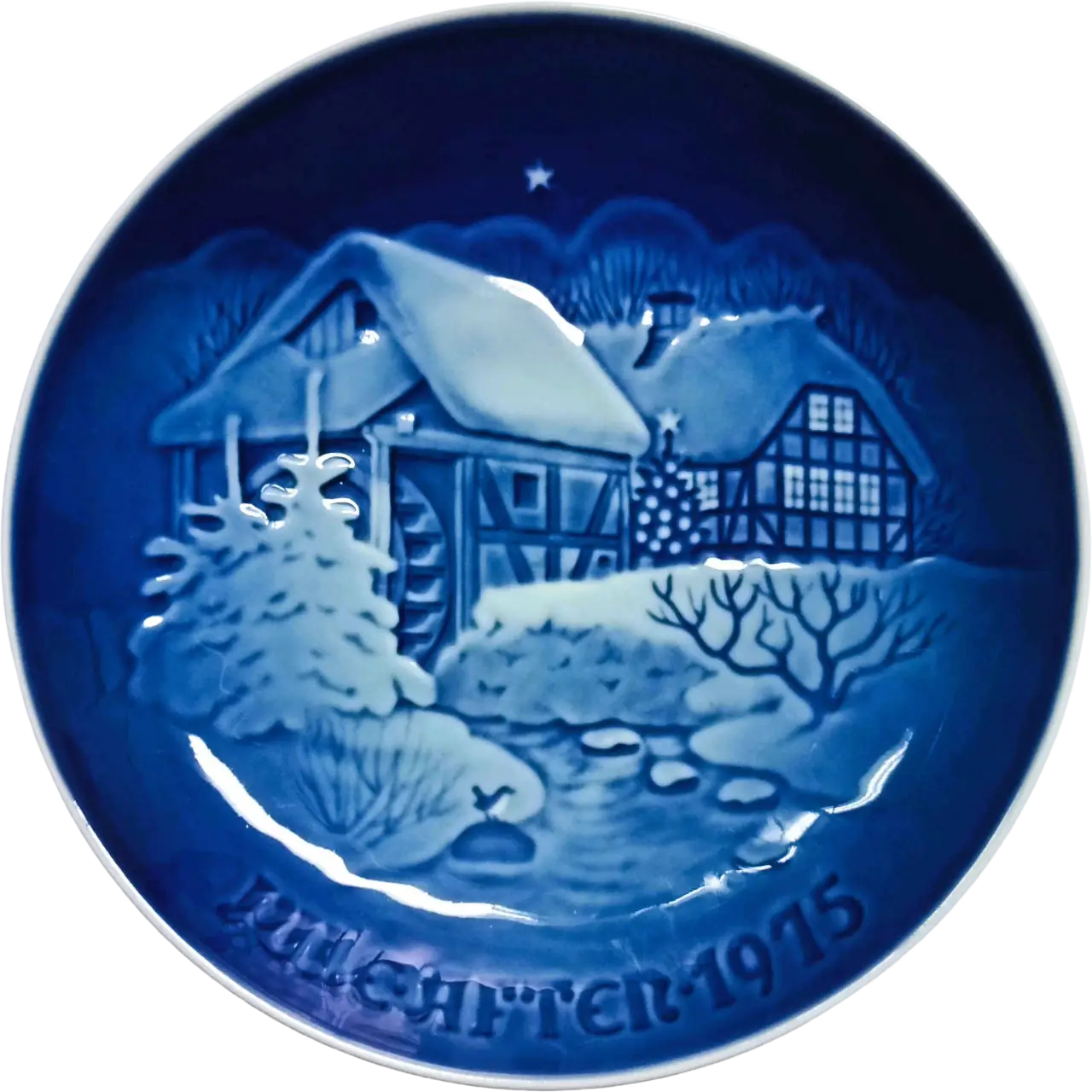 Piatto di Natale Bing & Grøndahl diametro 18 cm · Blu e Bianco · Henry Thelander · Natale al Vecchio Mulino ad Acqua · B&G-CP-1975
