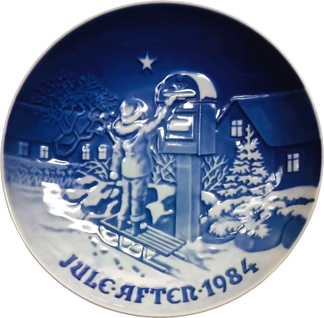 Piatto di Natale Bing & Grøndahl diametro 18 cm · Bianco; Blu · Edvard Jensen · La Lettera di Natale · B&G-CP-1984