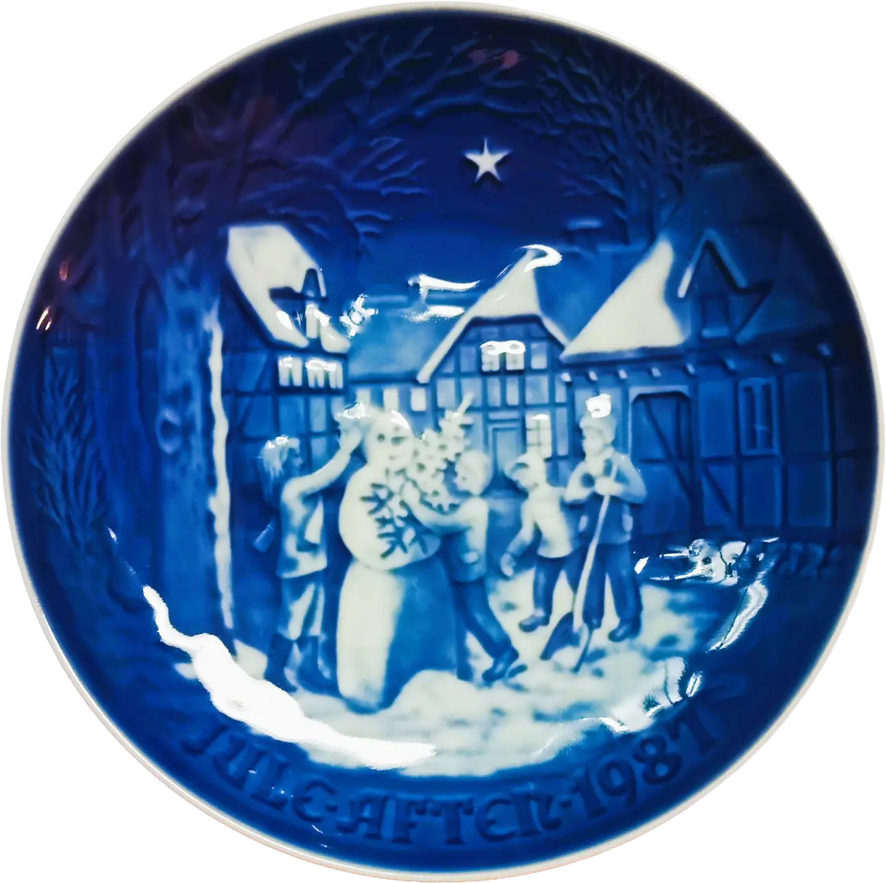 Piatto di Natale Bing & Grøndahl diametro 18 cm · Blu e Bianco · Edvard Jensen · L'uomo di Neve, Amico dei Bambini · B&G-CP-1987