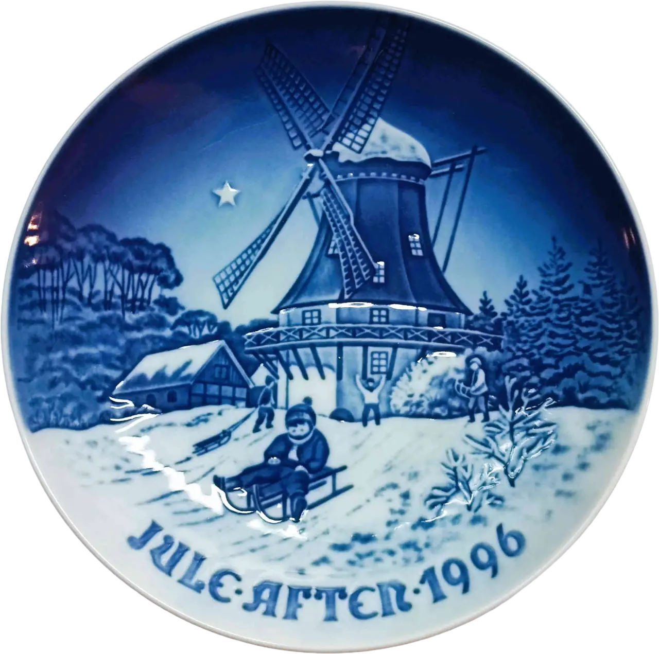Piatto di Natale Bing & Grøndahl diametro 18 cm · Bianco; Blu · Jørgen Nielsen · Inverno al Vecchio Mulino · B&G-CP-1996