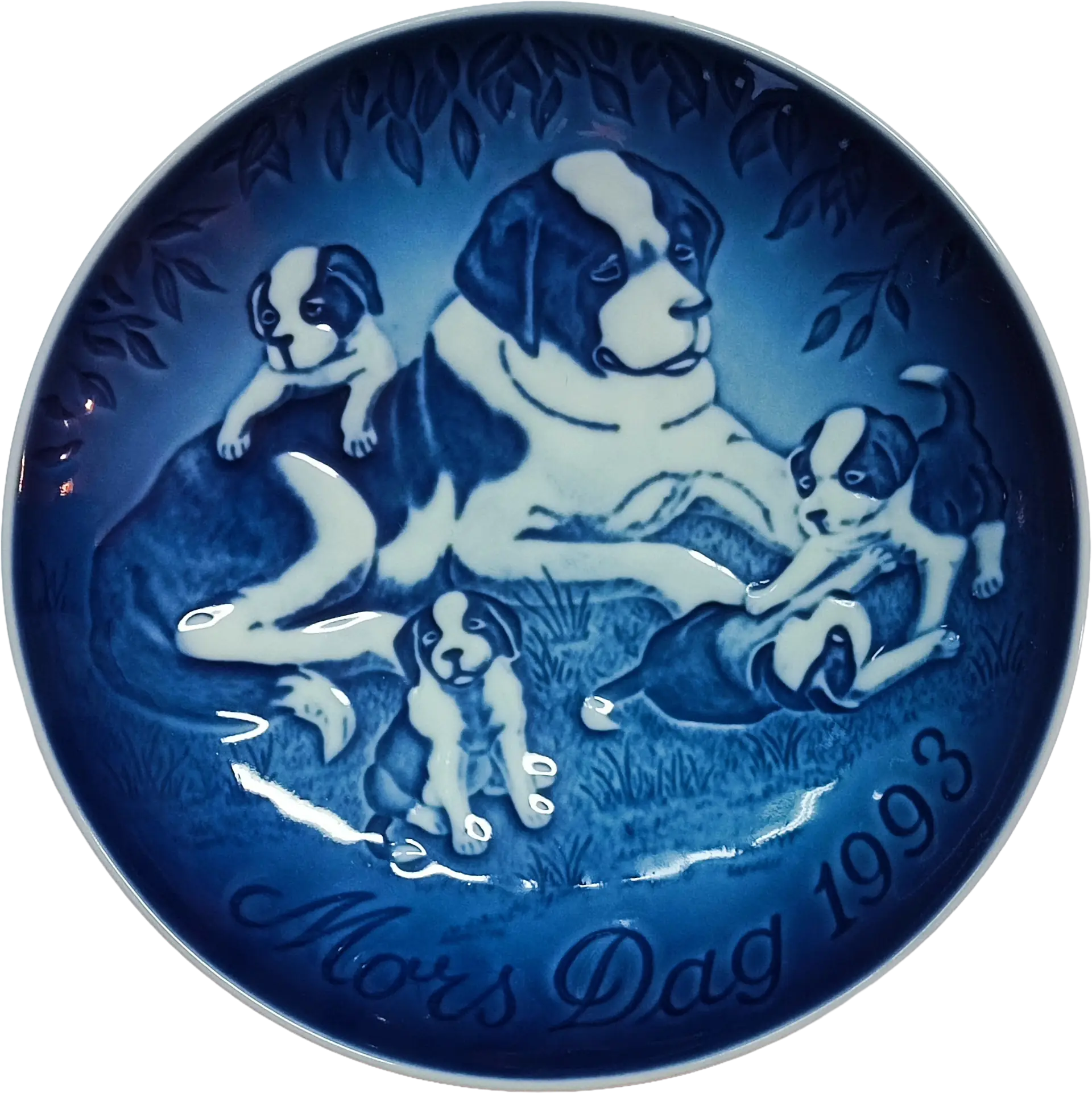 Piatto della Mamma Bing & Grøndahl diametro 15 cm · Blu; Bianco · Allan Therkelsen · Il Cane San Bernardo e i suoi Cuccioli · B&G-MD-1993