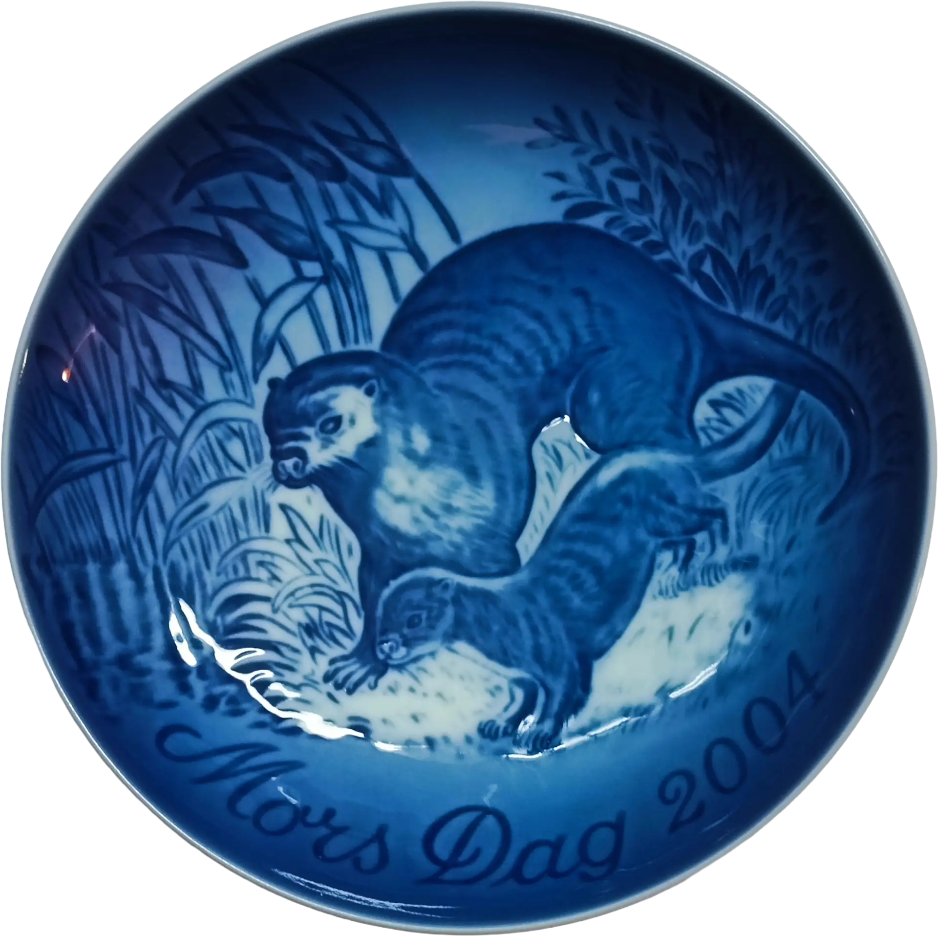 Piatto della Mamma Bing & Grøndahl diametro 15 cm · Blu e Bianco · Finn Clausen · Lontra con Cuccioli · B&G-MD-2004