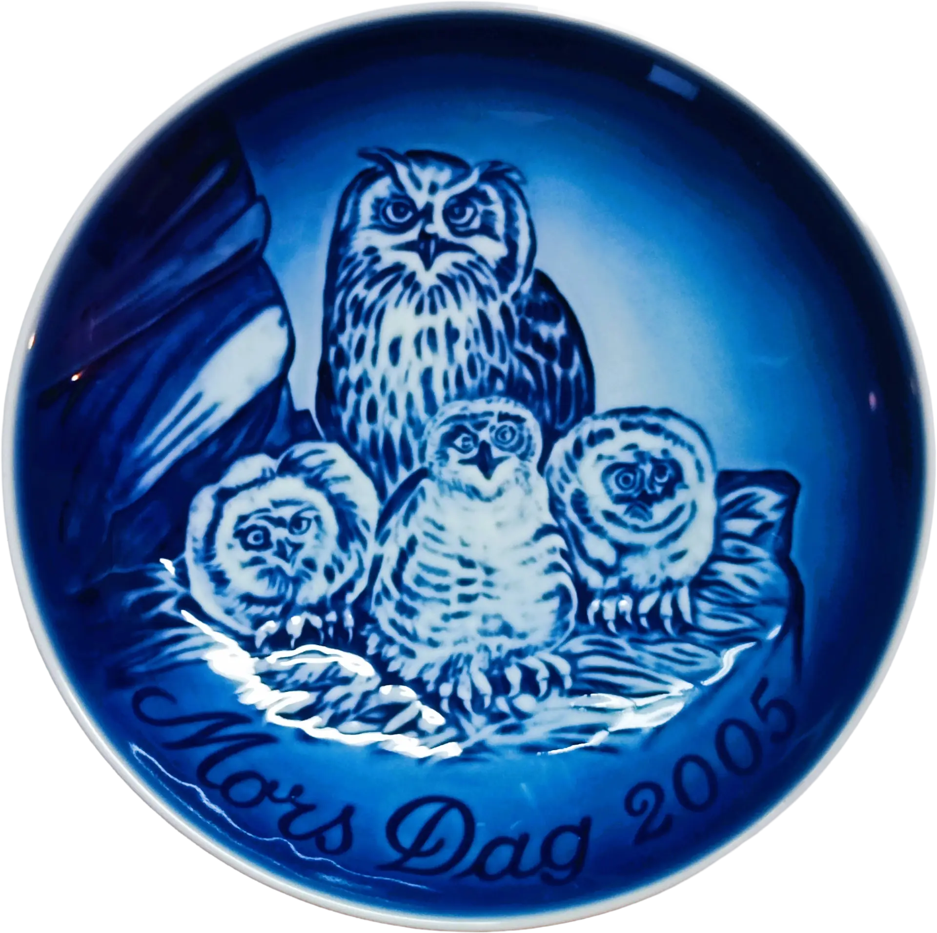 Piatto della Mamma Bing & Grøndahl diametro 15 cm · Blu; Bianco · Finn Clausen · Gufo Reale con Pulcini · B&G-MD-2005