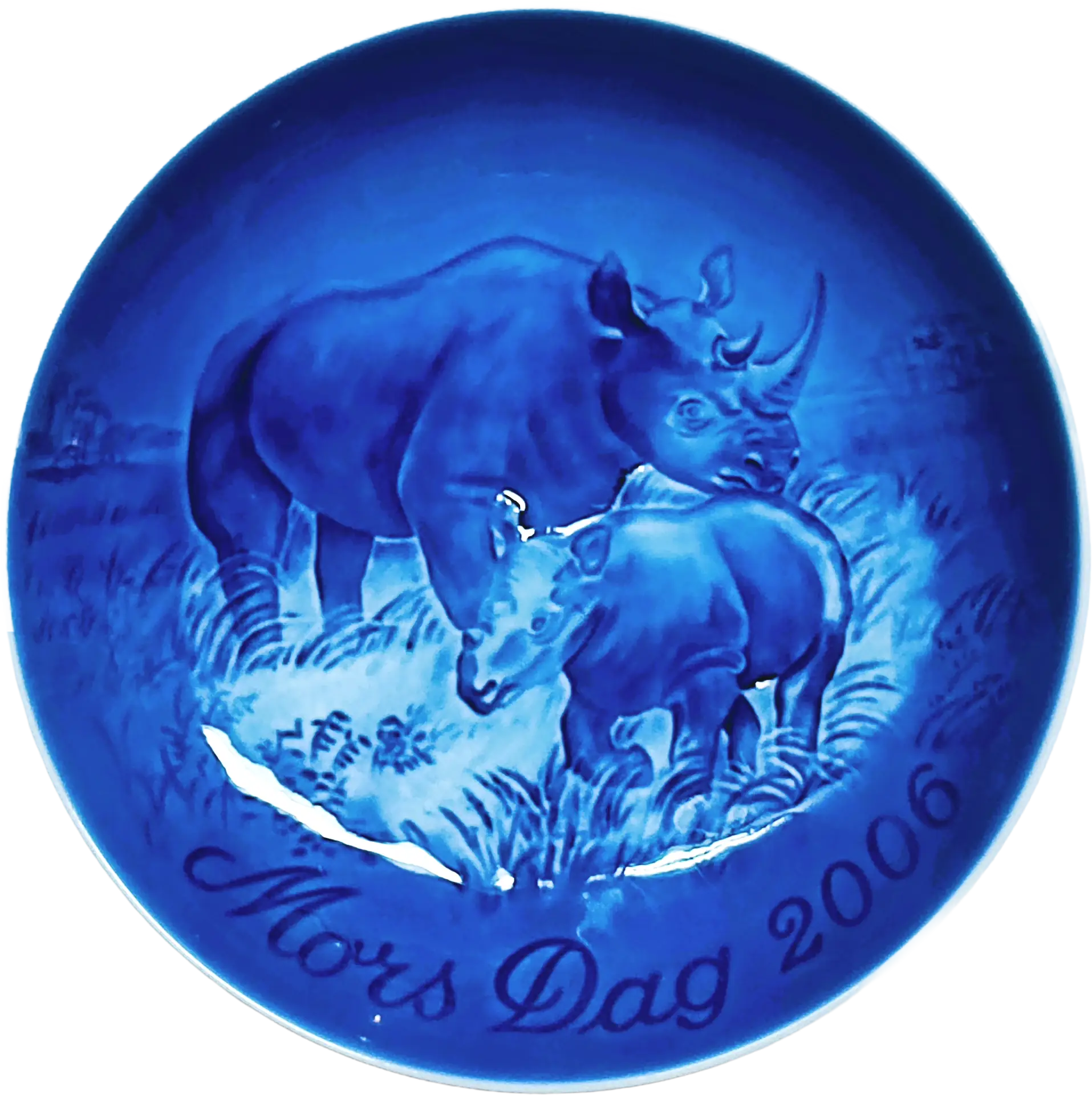 Piatto della Mamma Bing & Grøndahl diametro 15 cm · Blu; Bianco · Finn Clausen · Rinoceronte con Cuccioli · B&G-MD-2006