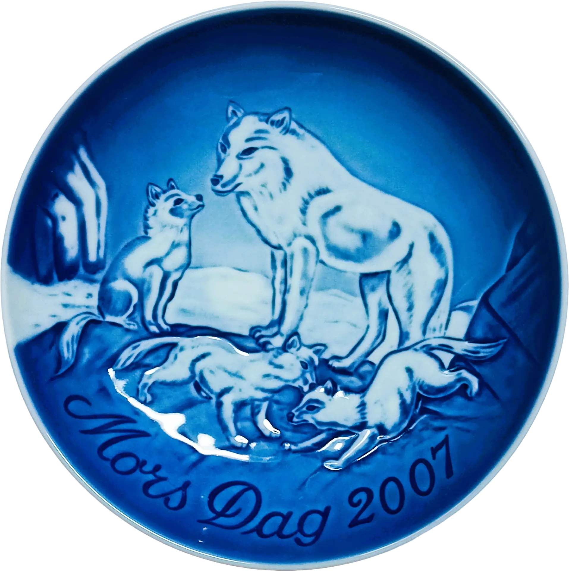 Piatto della Mamma Bing & Grøndahl diametro 15 cm · Blu; Bianco · Finn Clausen · Volpe Artica con Cuccioli · B&G-MD-2007