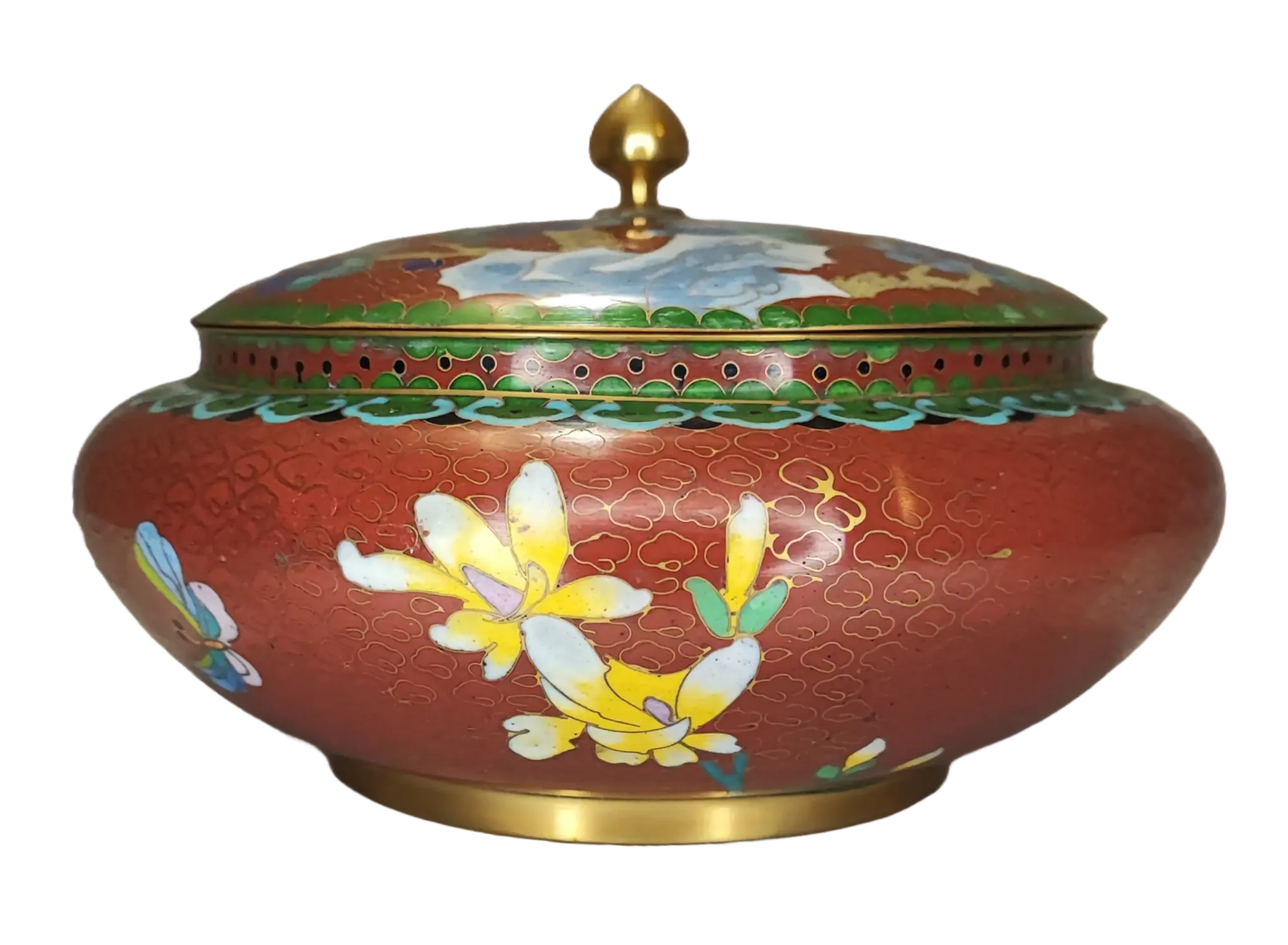 Scatola Circolare in Smalto Cloisonné Cinese – Fondo Rosso con Fiori e Farfalle