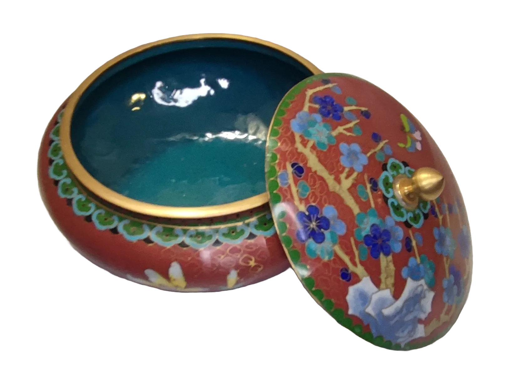 Scatola Circolare in Smalto Cloisonné Cinese – Fondo Rosso con Fiori e Farfalle