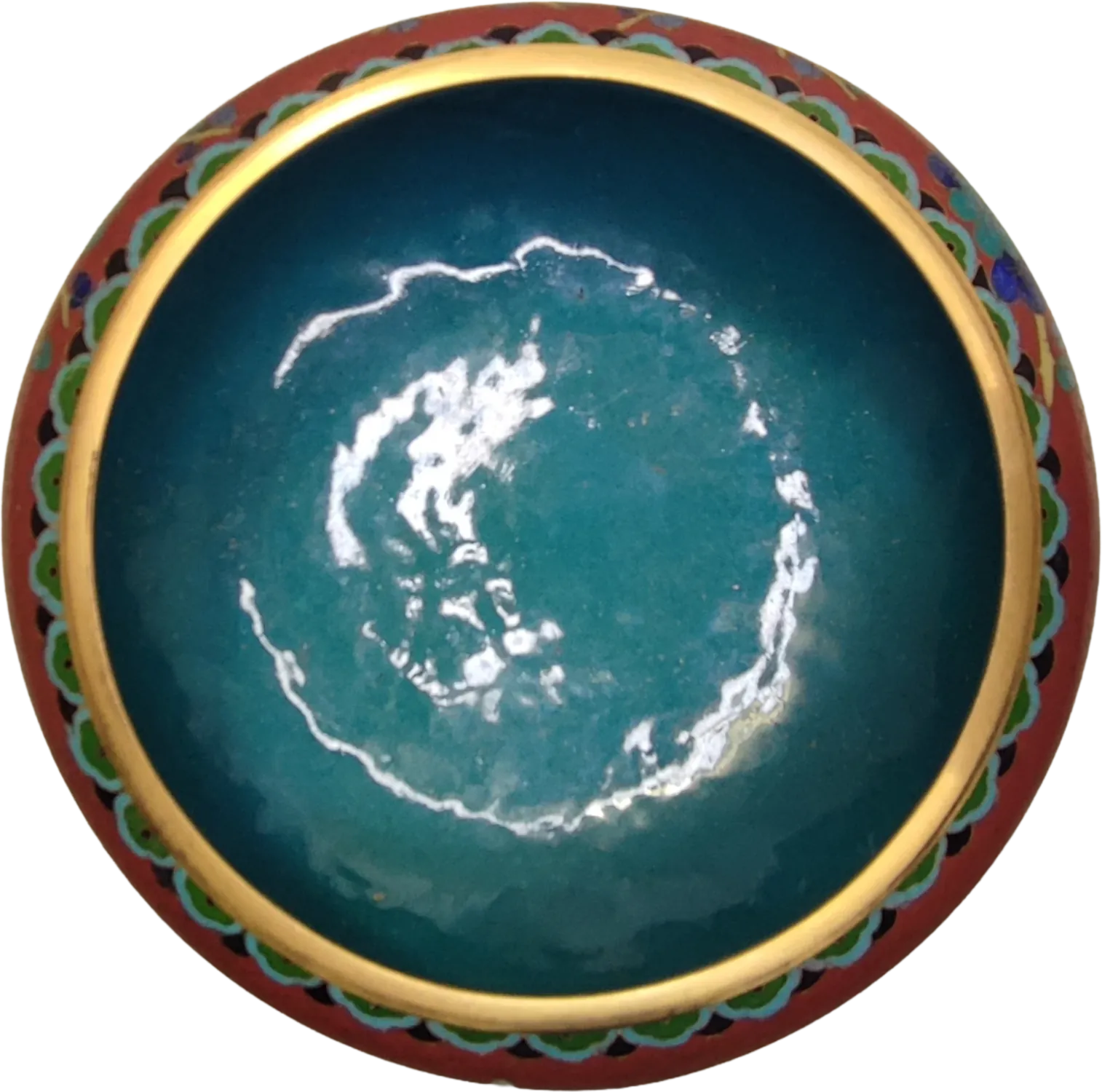 Scatola Circolare in Smalto Cloisonné Cinese – Fondo Rosso con Fiori e Farfalle