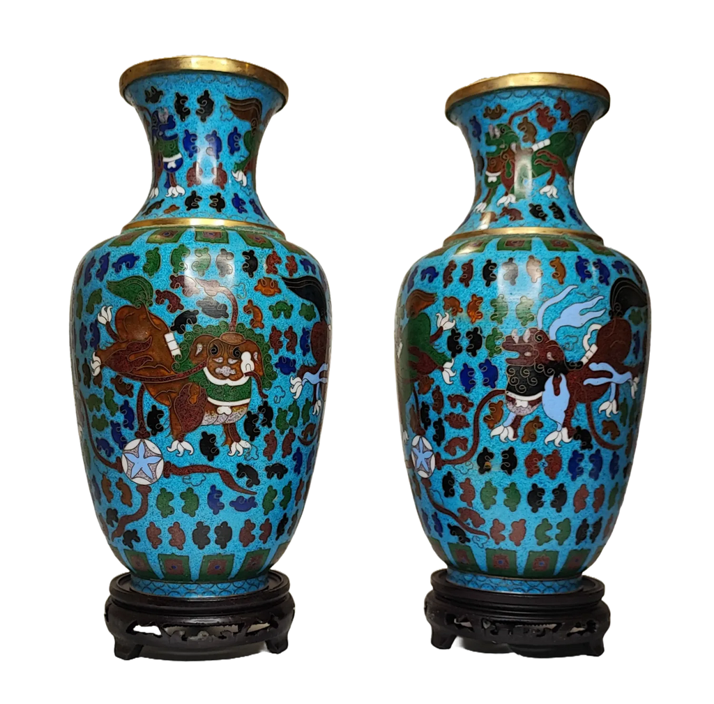 Pair of Cloisonné Vases Guardian Lions with Brocade Sphere