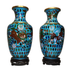 Pair of Cloisonné Vases Guardian Lions with Brocade Sphere