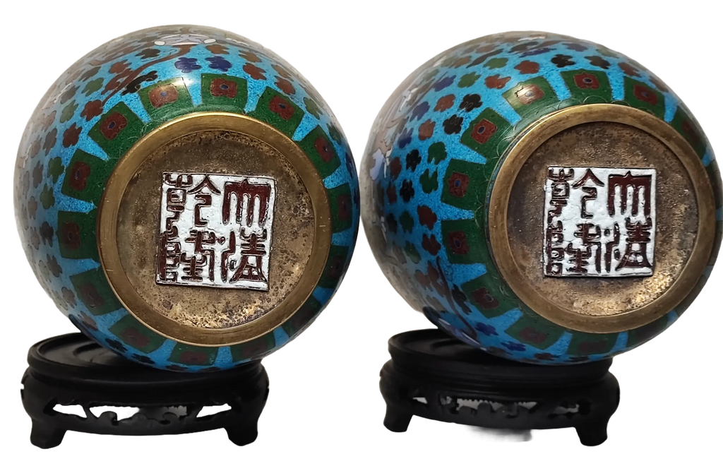 Pair of Cloisonné Vases Guardian Lions with Brocade Sphere