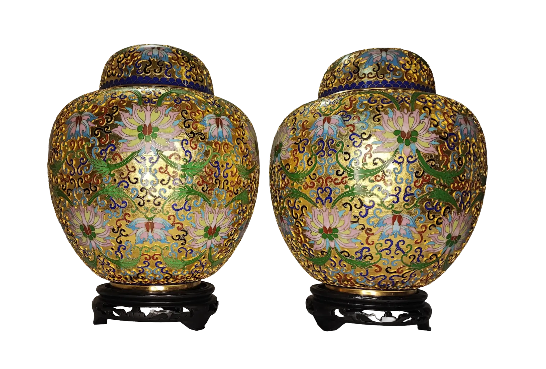 Eleganza Orientale: Coppia di Vasi in Smalto Cloisonné Dorato con Decoro Floreale "Millefiori"