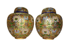 Eleganza Orientale: Coppia di Vasi in Smalto Cloisonné Dorato con Decoro Floreale "Millefiori"